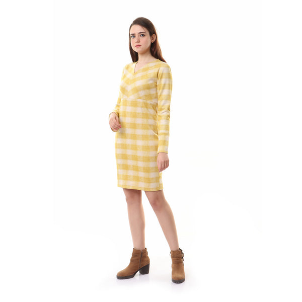 V-Neck Long Sleeves Plaids Dress - Light Yellow