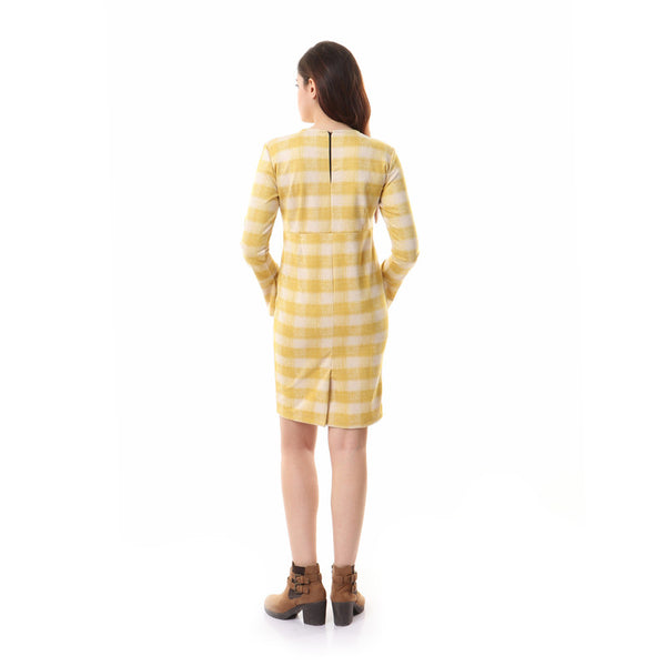 V-Neck Long Sleeves Plaids Dress - Light Yellow
