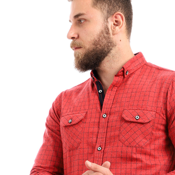 Bi-Tone Plaid Long Sleeves Button Down Shirt - Red & Black
