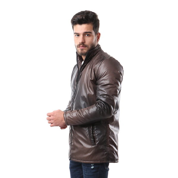 Fashionable Zipper Jacket - Brown