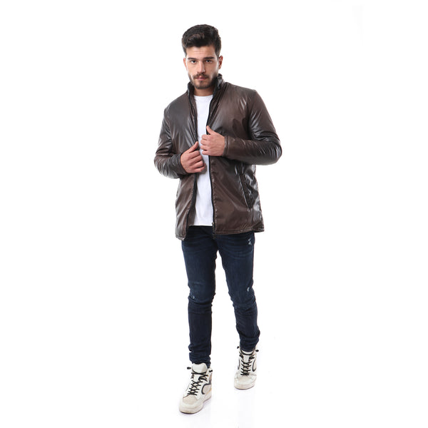 Fashionable Zipper Jacket - Brown