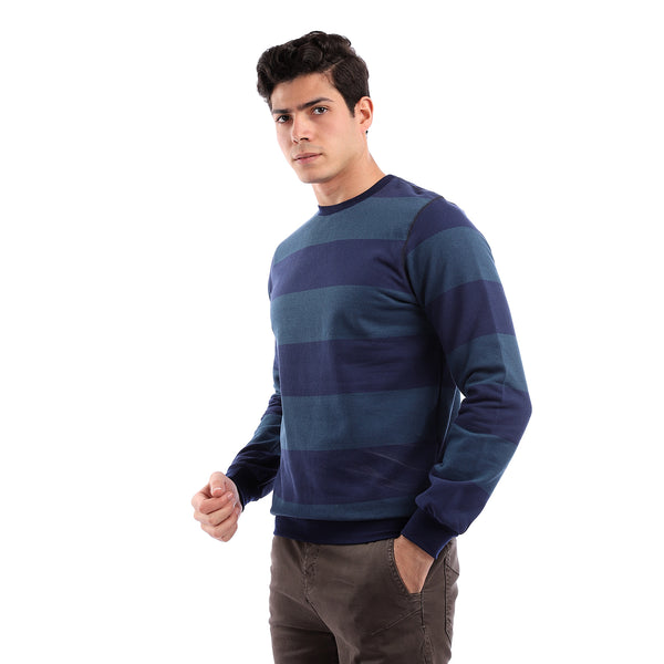 Color Block Rounded Neck Pique Sweatshirt - Navy Blue & Blue