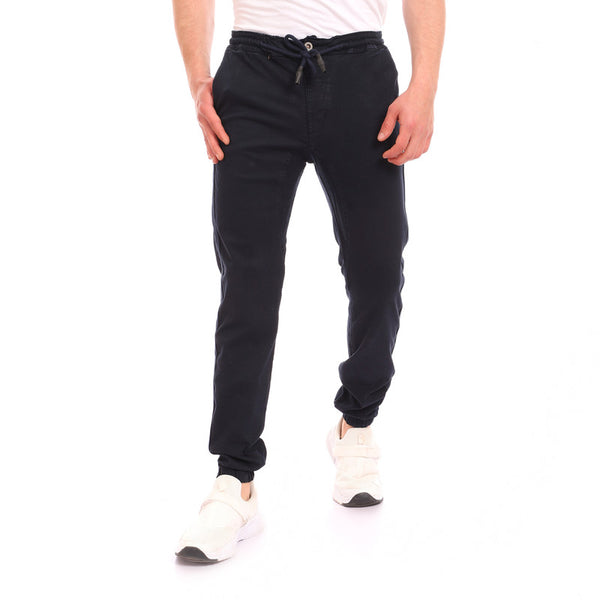 casual double closure pants with elastic hem - navy blue