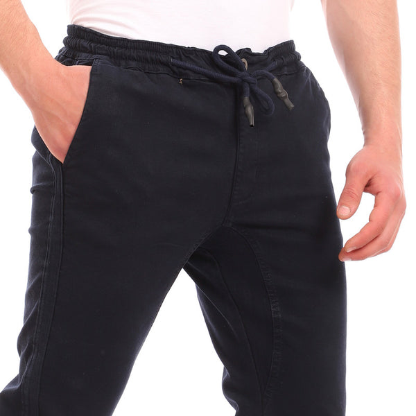 casual double closure pants with elastic hem - navy blue