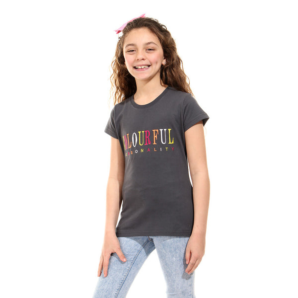 embroidered cotton girls t-shirt - dark grey