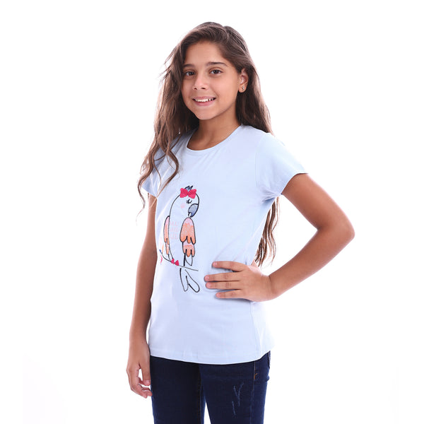 Girls Embroidered Parrot Powder Blue Tee