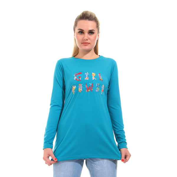 Embroidered " Girl Power " Long Sleeves Tee - Turquoise
