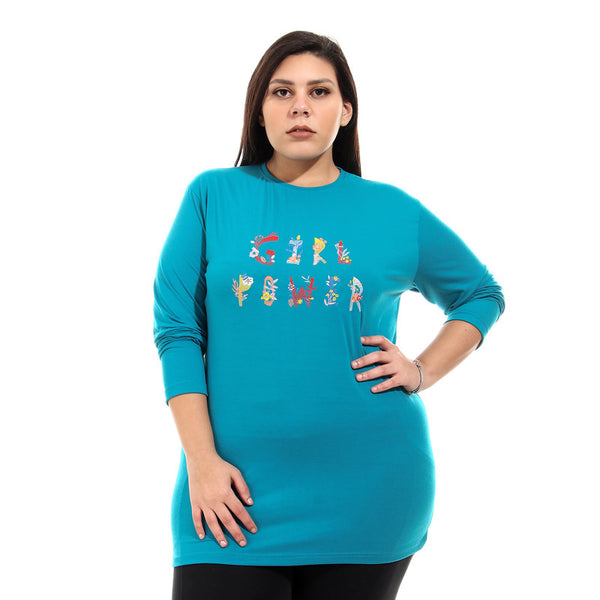 Plus Size Embroidered " Girl Power " Long Sleeves Tee - Turquoise