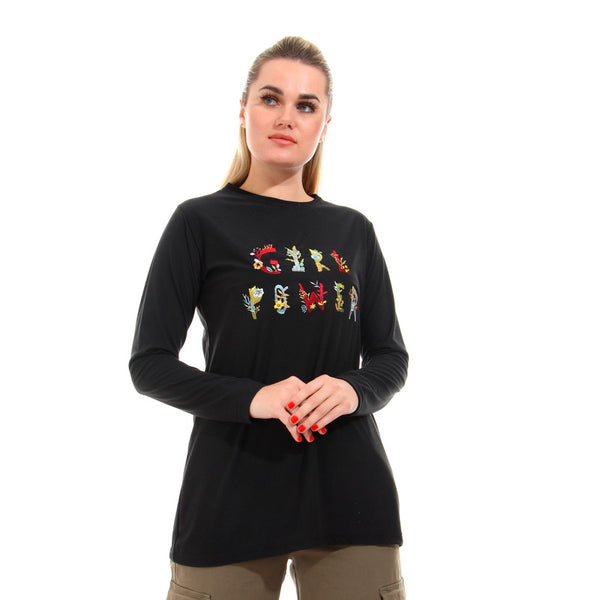 Embroidered " Girl Power " Long Sleeves Tee - Black