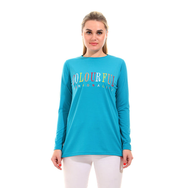 Embroidered " Colorful Personality " Tee - Turquoise
