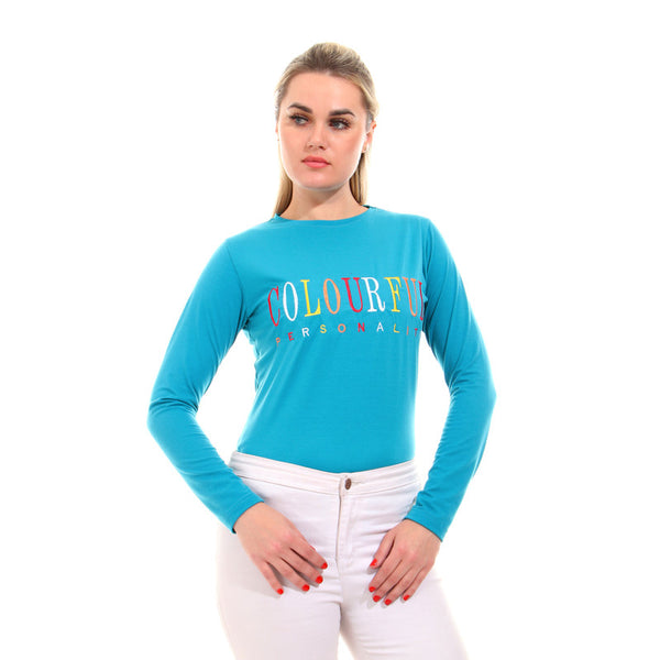 Embroidered " Colorful Personality " Tee - Turquoise