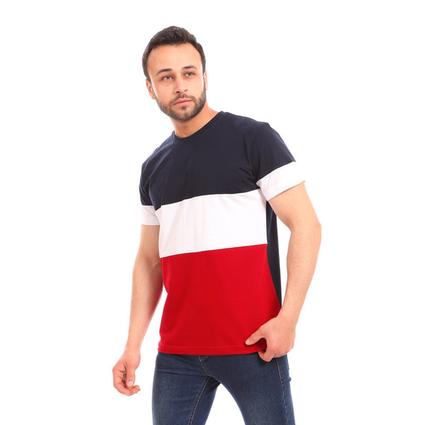 color block casual t-shirt - navy blue - white - red