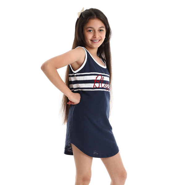 Girls Front Stitched "Blessed" Tank Top - Navy Blue