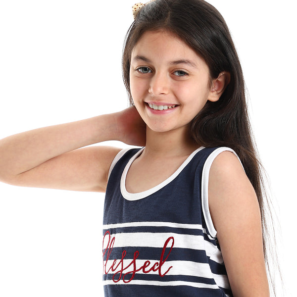 Girls Front Stitched "Blessed" Tank Top - Navy Blue