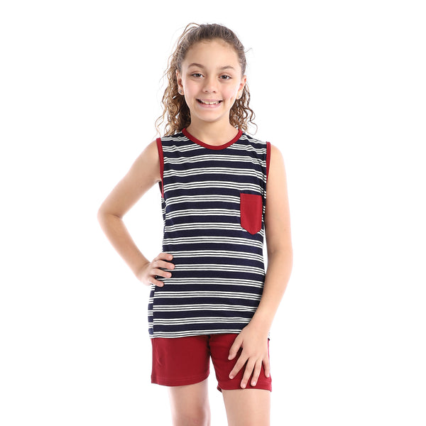 Girls Striped Top & Solid Short Pajama Set - Burgundy