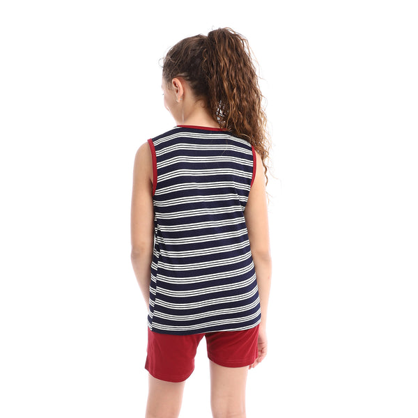 Girls Striped Top & Solid Short Pajama Set - Burgundy