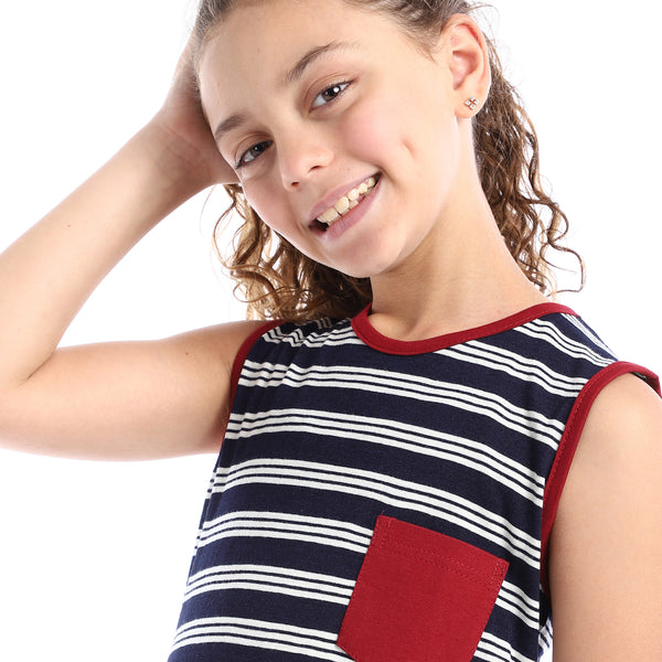 Girls Striped Top & Solid Short Pajama Set - Burgundy