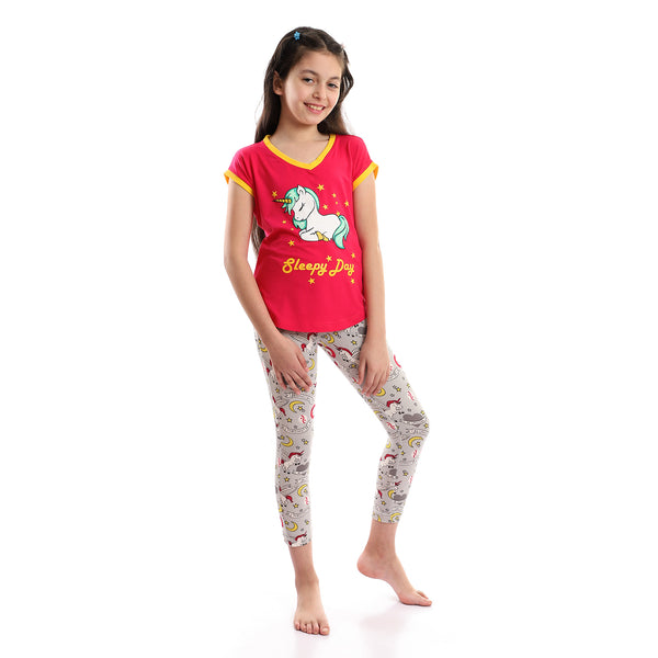 V Neck Slip On Grey, Fuchsia, Yellow & Green Pajama