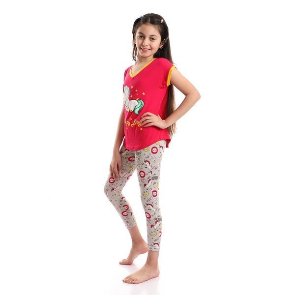 V Neck Slip On Grey, Fuchsia, Yellow & Green Pajama