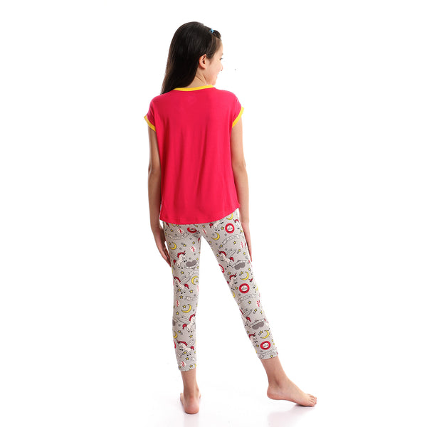V Neck Slip On Grey, Fuchsia, Yellow & Green Pajama
