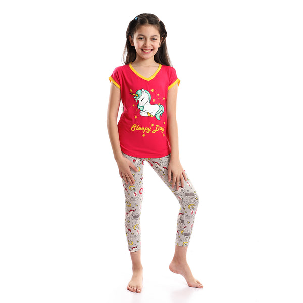 V Neck Slip On Grey, Fuchsia, Yellow & Green Pajama