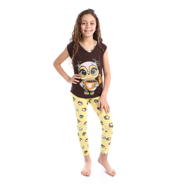 Girls Printed Owl Sleeveless Pajama Set - Brown & Yellow