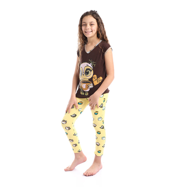 Girls Printed Owl Sleeveless Pajama Set - Brown & Yellow