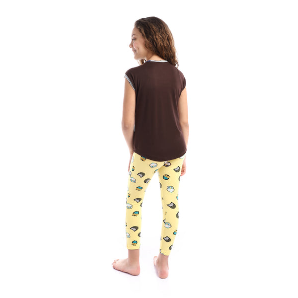 Girls Printed Owl Sleeveless Pajama Set - Brown & Yellow