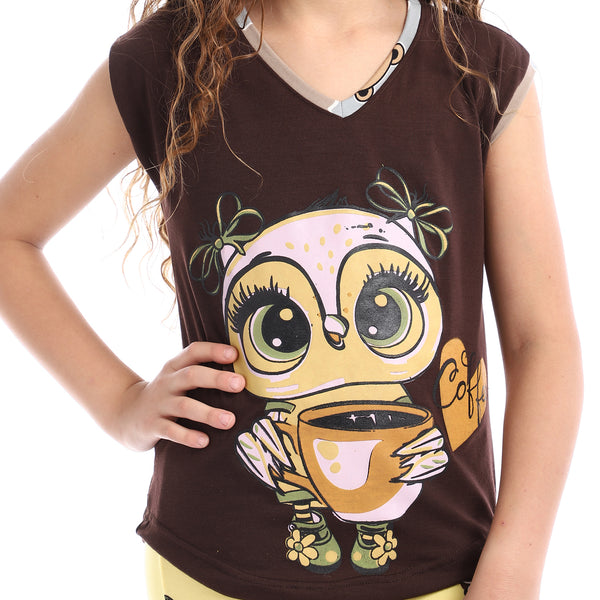 Girls Printed Owl Sleeveless Pajama Set - Brown & Yellow