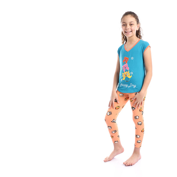 Girls Embroidered Top & Patterned Pants Pajama Set - Turquoise & Orange