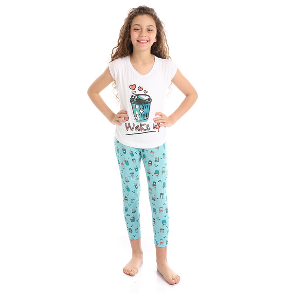 Printed "I Love Coffee" Comfy Girls Pajama Set - White & Aquamarine