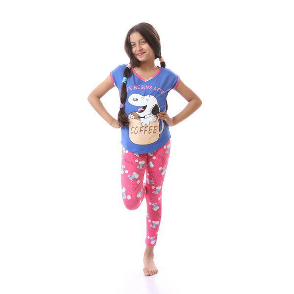 Cute Girls Pajama Set With Cartoon Pattern - Pink & Coral Blue