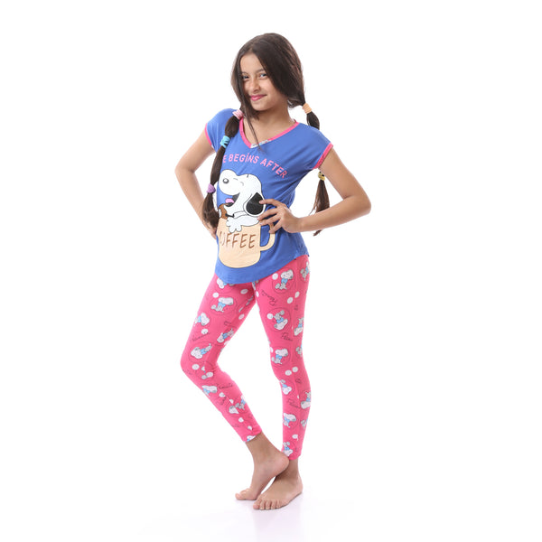 Cute Girls Pajama Set With Cartoon Pattern - Pink & Coral Blue