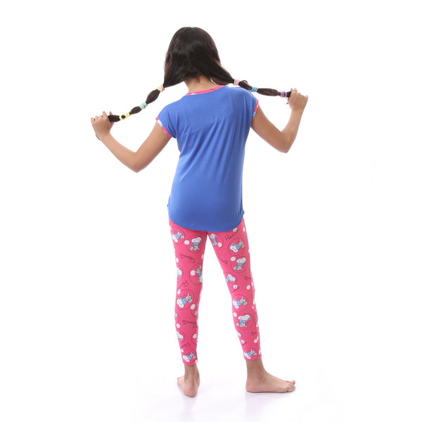 Cute Girls Pajama Set With Cartoon Pattern - Pink & Coral Blue