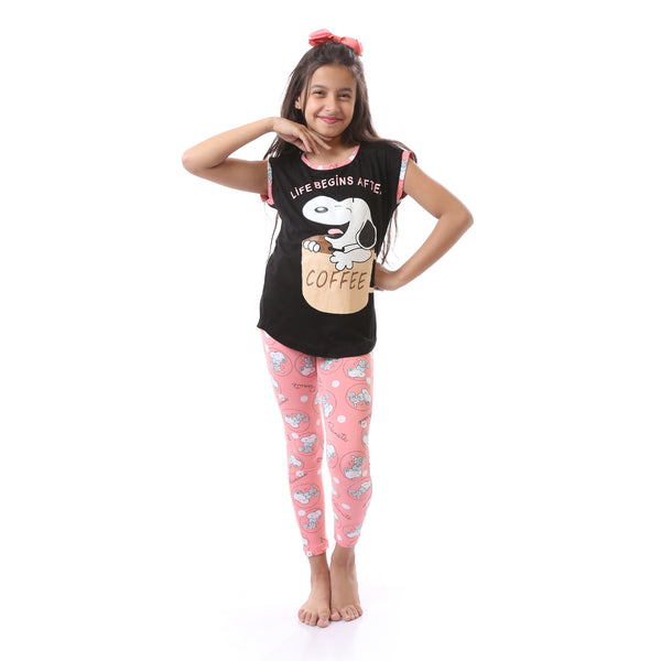 Girls Printed Snoopy Crew Neck Pajama Set - Black & Pink
