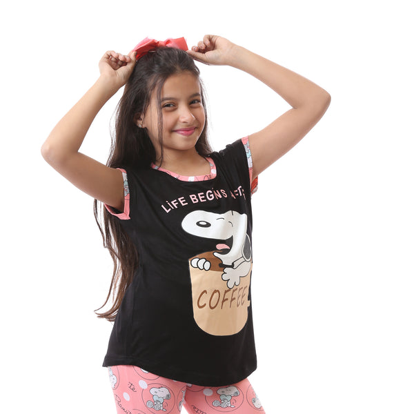 Girls Printed Snoopy Crew Neck Pajama Set - Black & Pink
