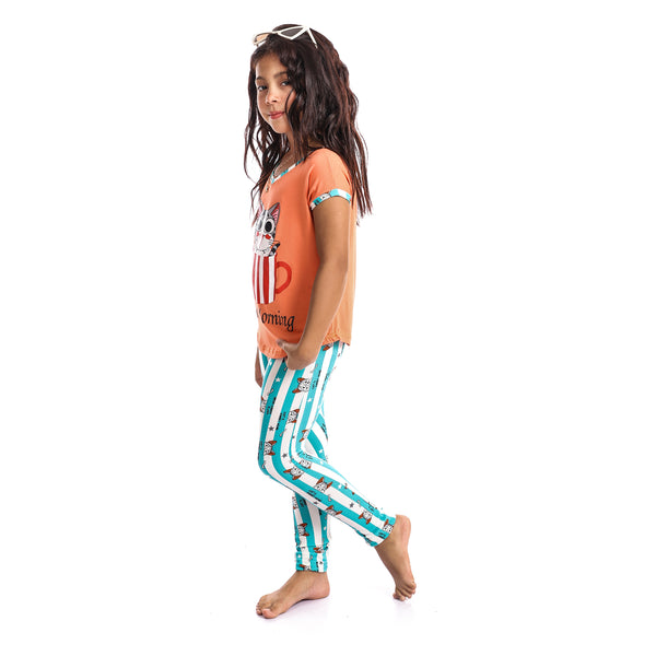 Printed Cap Sleeves Girls Pajama Set - Orange