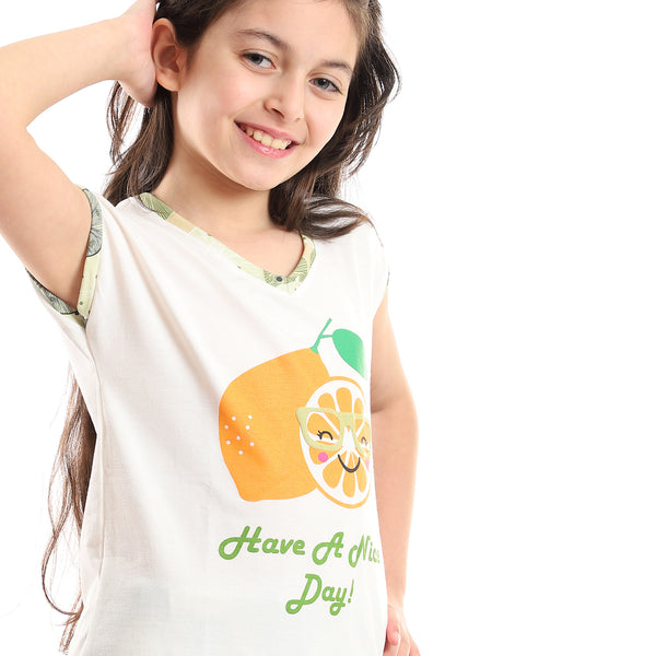 Front Orange Print Pajama - Green Shades, White & Orange