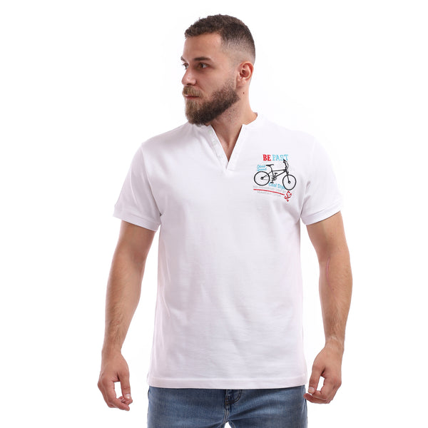 Round Buttoned Stitched White T-shirt