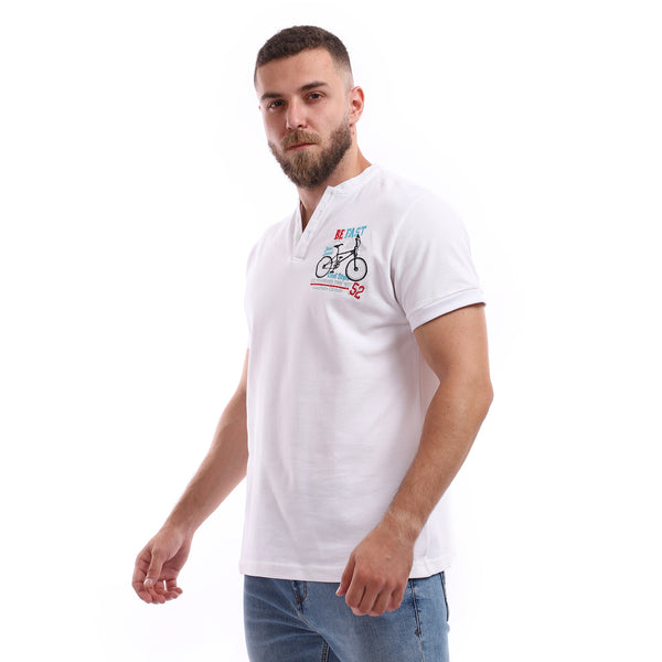 Round Buttoned Stitched White T-shirt