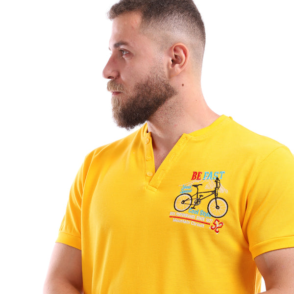 Side Stitch Pique Buttoned Yellow T-Shirt