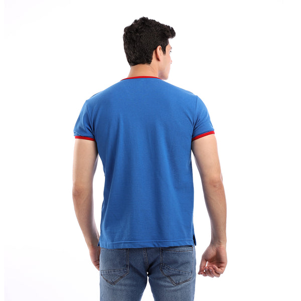 Open V-Neck Pique Slip On T-Shirt - Blue