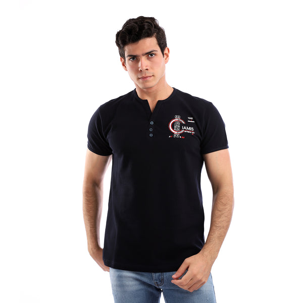 Buttoned Neck Pique Navy Blue T-Shirt