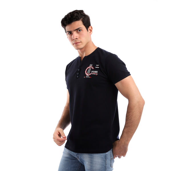 Buttoned Neck Pique Navy Blue T-Shirt