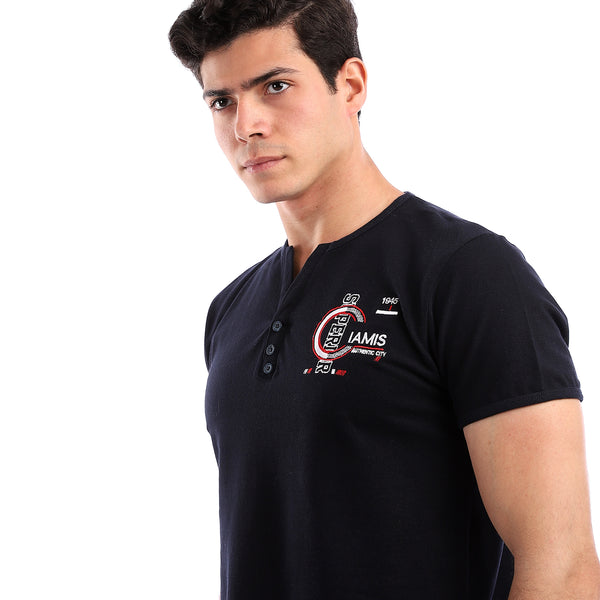 Buttoned Neck Pique Navy Blue T-Shirt