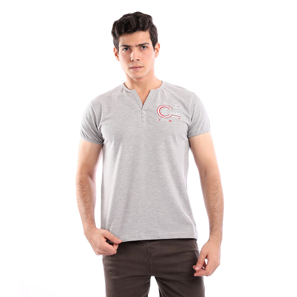 Buttoned Neck Pique Heather Light Grey T-Shirt