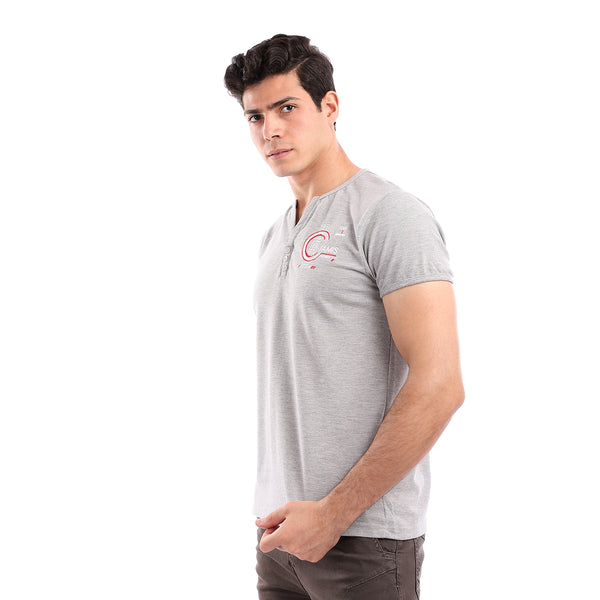 Buttoned Neck Pique Heather Light Grey T-Shirt