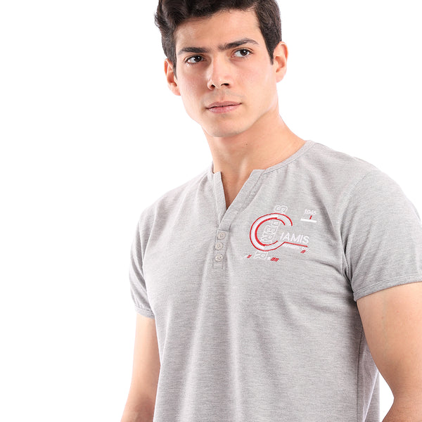 Buttoned Neck Pique Heather Light Grey T-Shirt