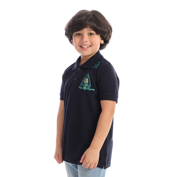 Boys Side Embroidery Cotton Polo Shirt - Navy Blue