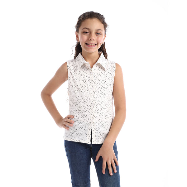 Girls Sleeveless Tiny Dotts Pattern Shirt - Off White